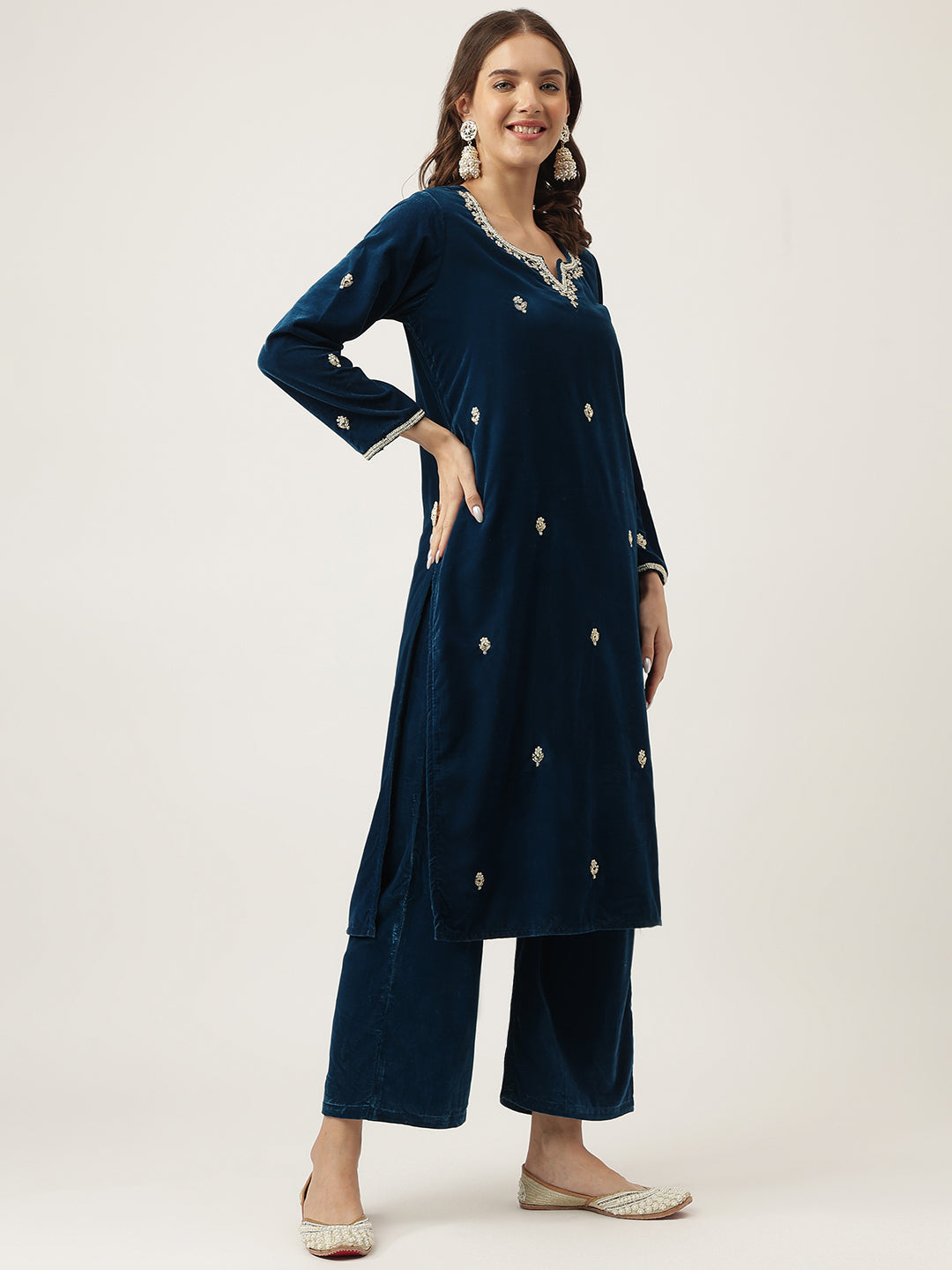 Rayol Blue Hand Embroidered Velvet Straight Kurta, Trousers With Dupatta Set | LASVINI - Redefining Indian Fashion with Elegance