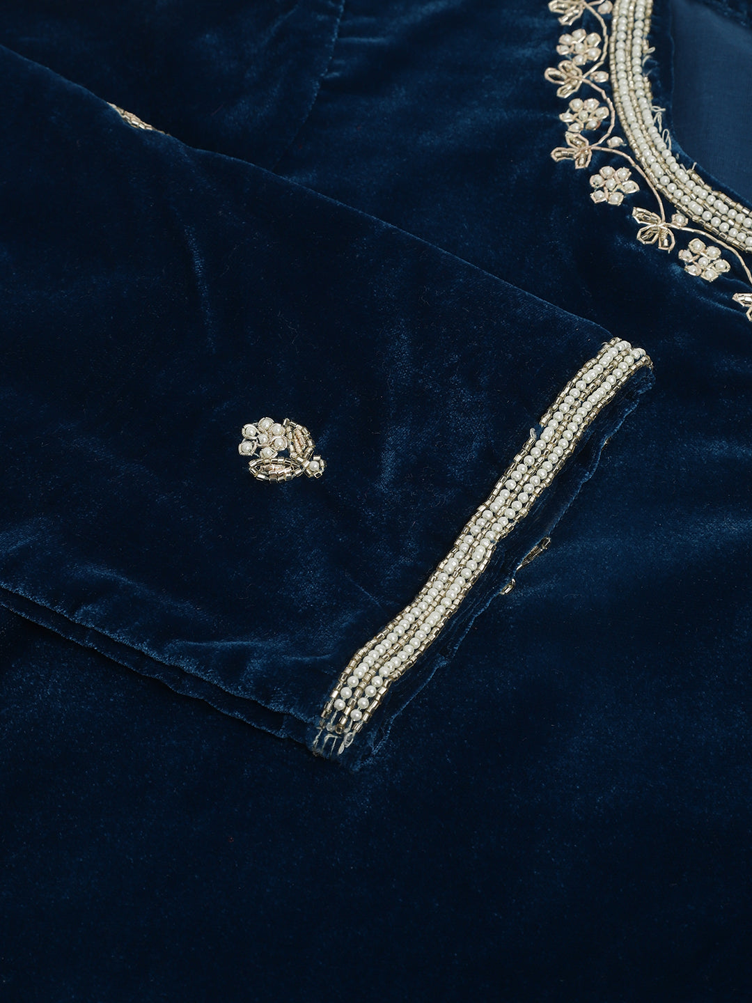 Rayol Blue Hand Embroidered Velvet Straight Kurta, Trousers With Dupatta Set | LASVINI - Redefining Indian Fashion with Elegance