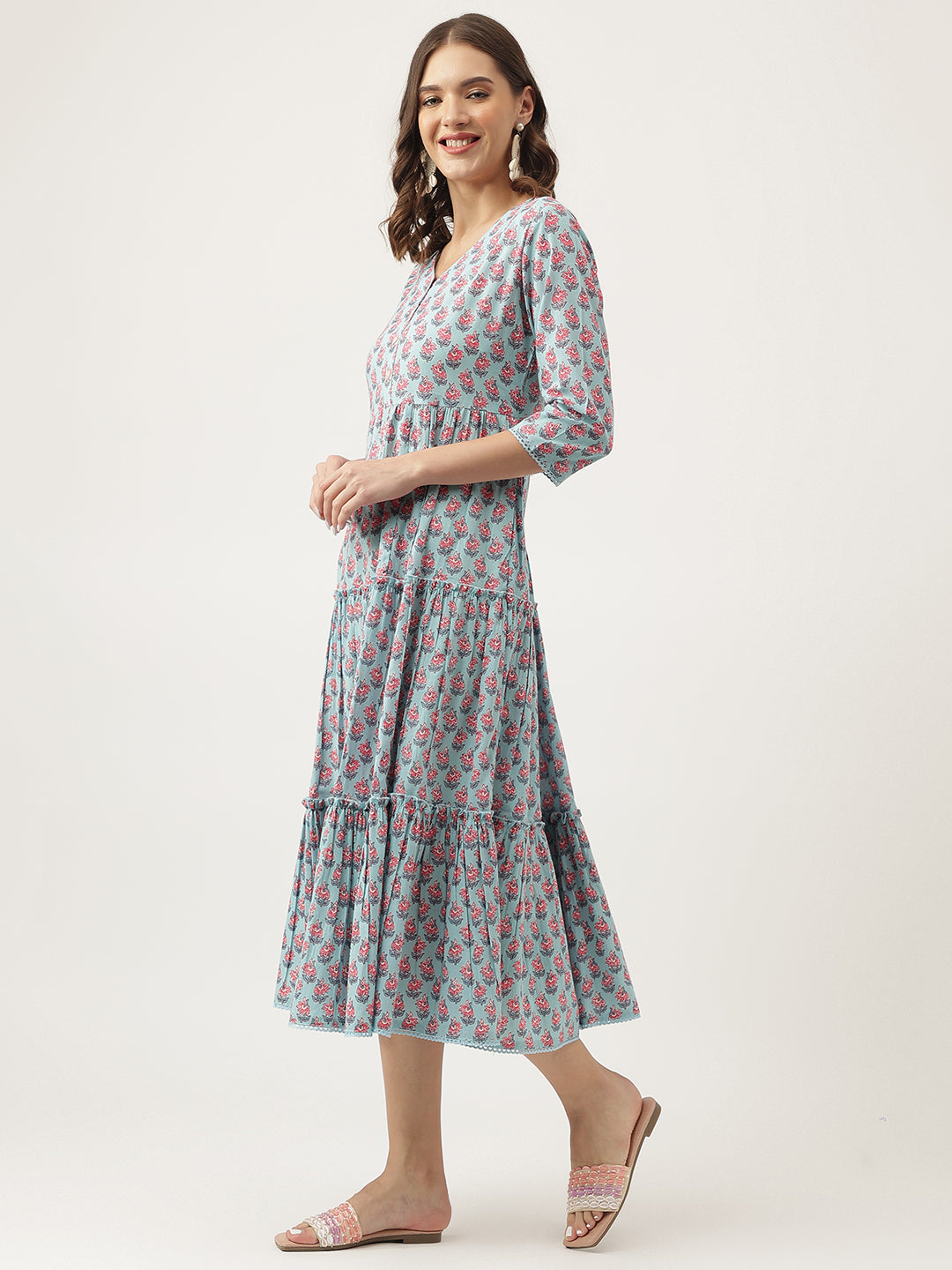 Sky Blue Floral Printed Cotton Tired Dress | LASVINI - Redefining Indian Fashion with Elegance