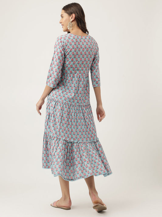 Sky Blue Floral Printed Cotton Tired Dress | LASVINI - Redefining Indian Fashion with Elegance