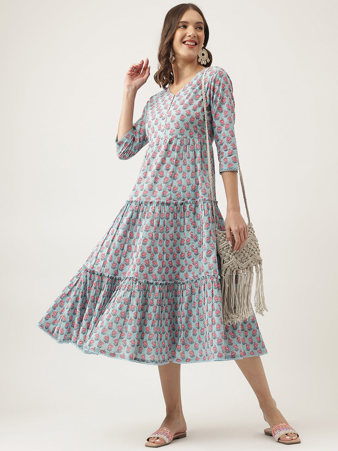 Sky Blue Floral Printed Cotton Tired Dress | LASVINI - Redefining Indian Fashion with Elegance