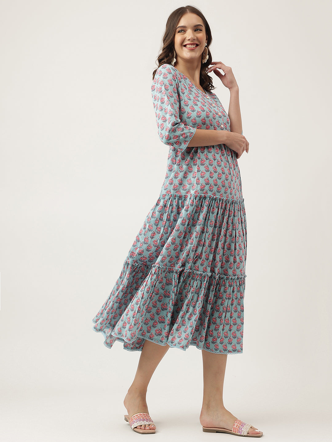 Sky Blue Floral Printed Cotton Tired Dress | LASVINI - Redefining Indian Fashion with Elegance