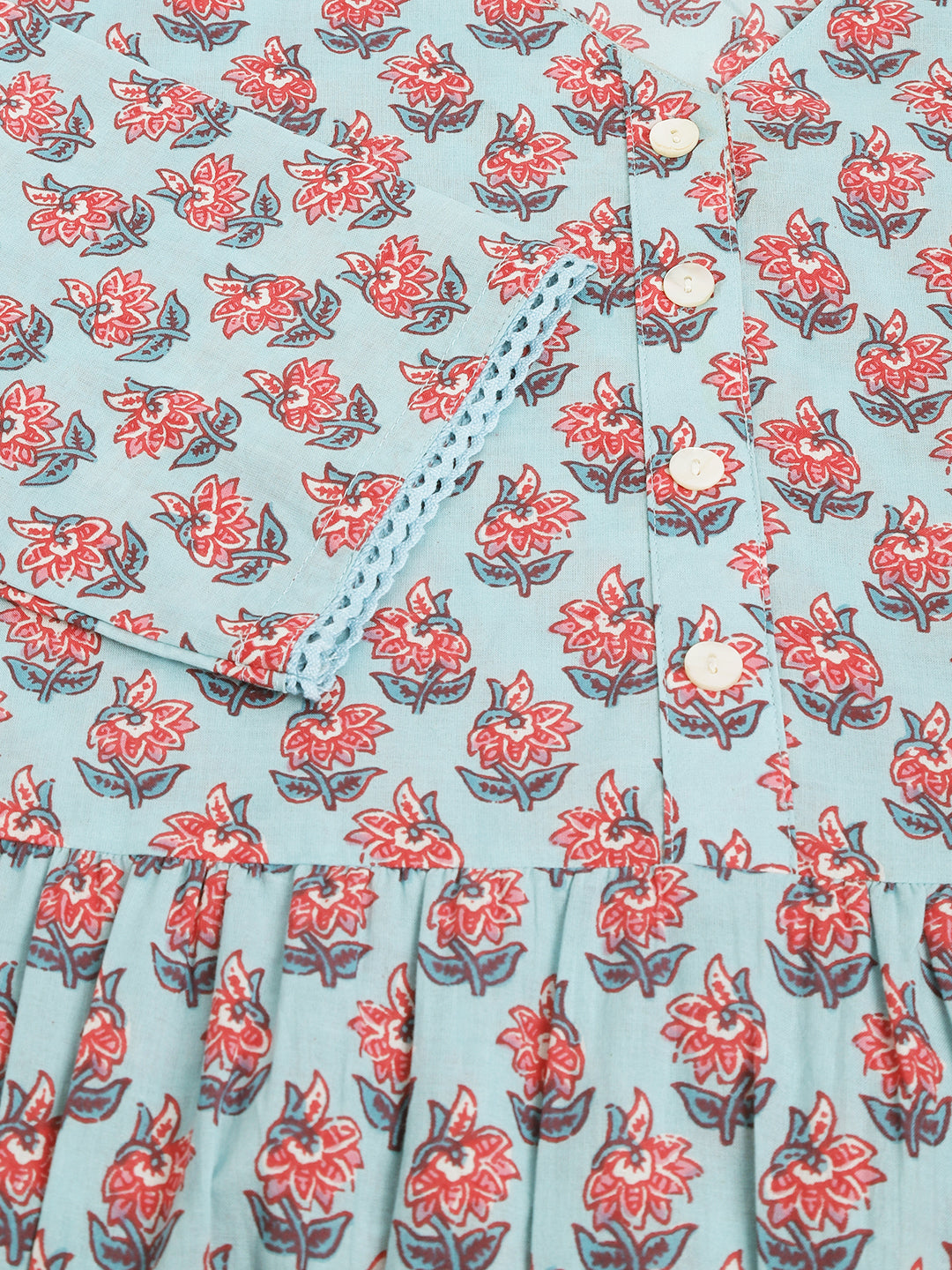 Sky Blue Floral Printed Cotton Tired Dress | LASVINI - Redefining Indian Fashion with Elegance