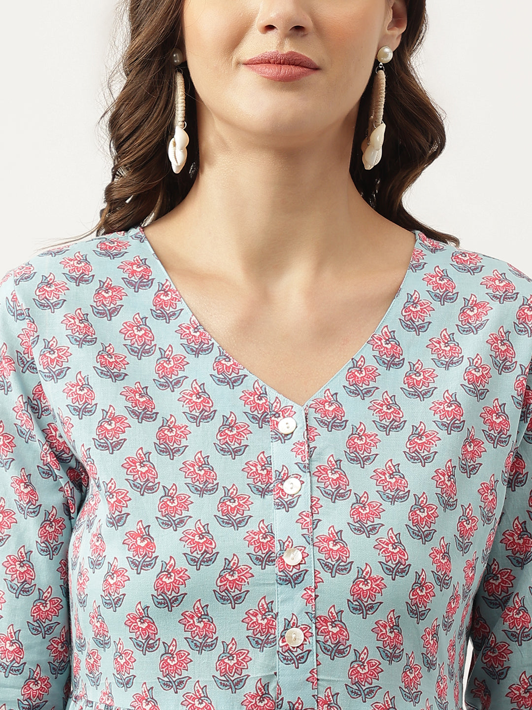 Sky Blue Floral Printed Cotton Tired Dress | LASVINI - Redefining Indian Fashion with Elegance
