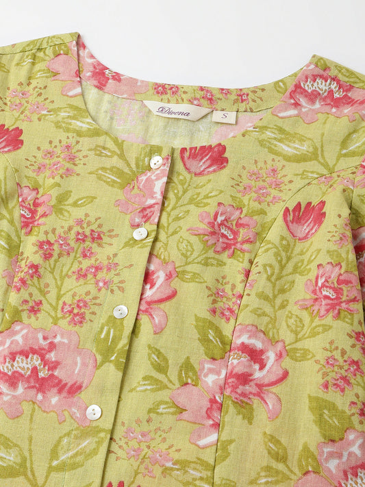 Green Floral Print Cotton A-Line Kurta | LASVINI - Redefining Indian Fashion with Elegance