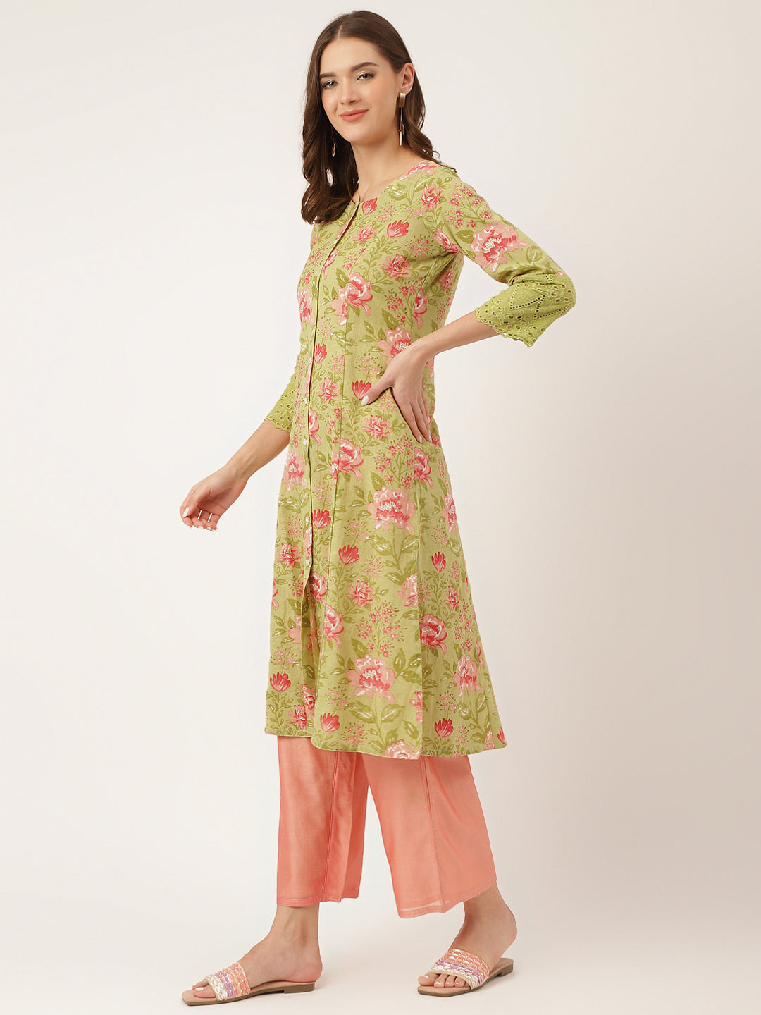Green Floral Print Cotton A-Line Kurta | LASVINI - Redefining Indian Fashion with Elegance