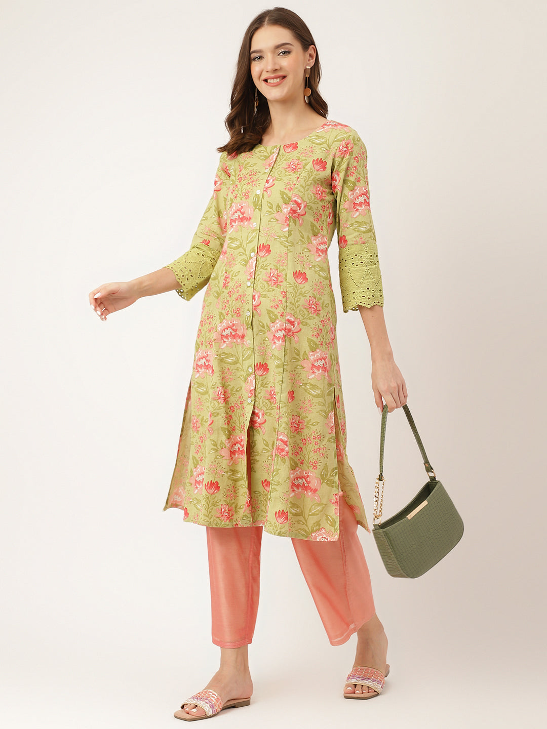 Green Floral Print Cotton A-Line Kurta | LASVINI - Redefining Indian Fashion with Elegance