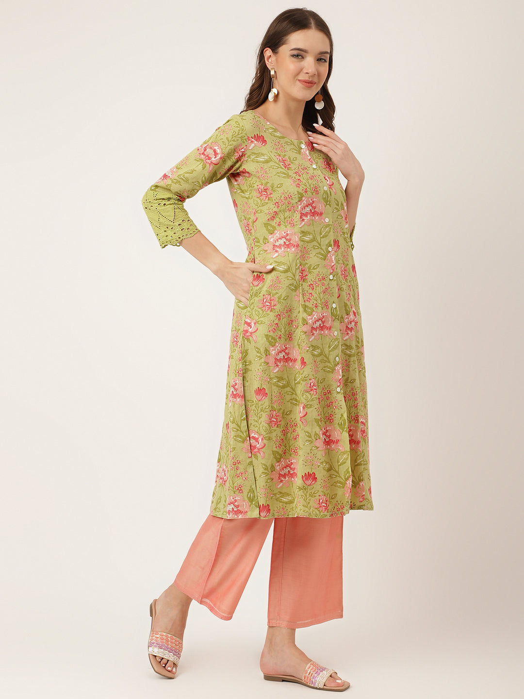 Green Floral Print Cotton A-Line Kurta | LASVINI - Redefining Indian Fashion with Elegance