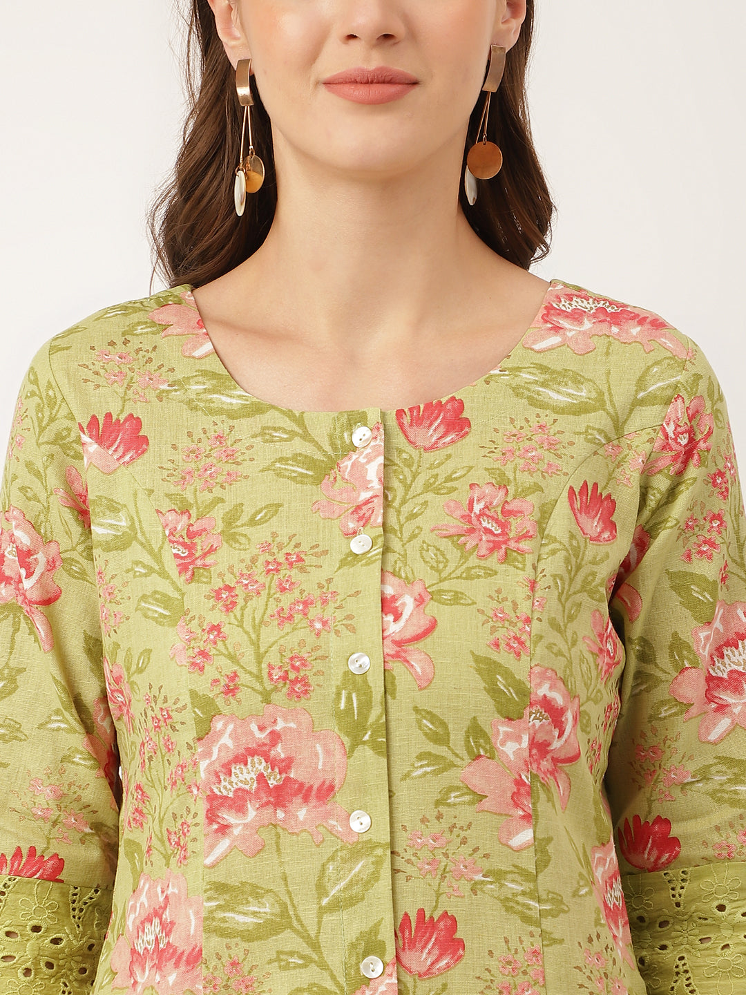 Green Floral Print Cotton A-Line Kurta | LASVINI - Redefining Indian Fashion with Elegance