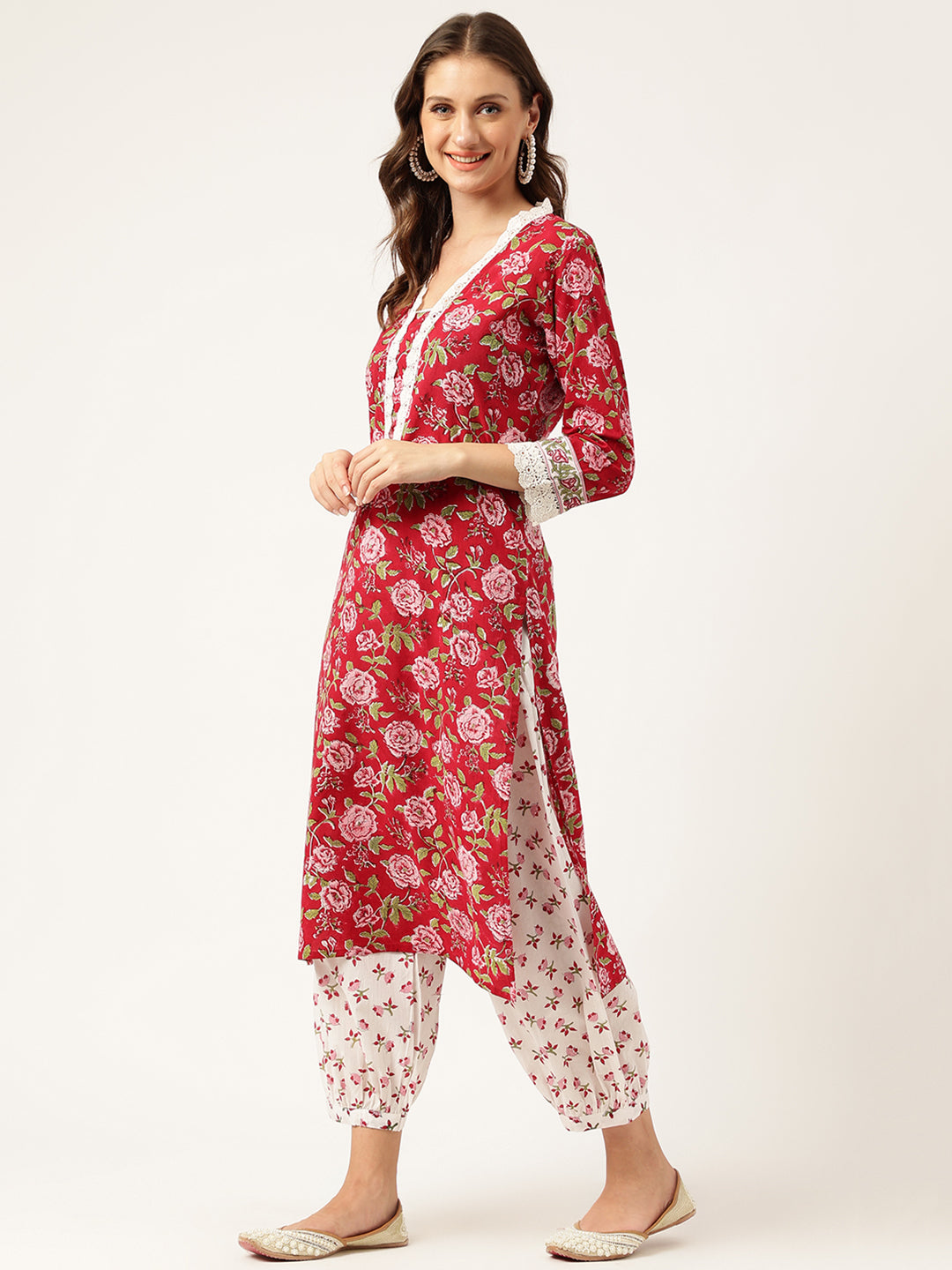 Floral Hand Block Printed Kurta Trouser & Kota Dori Dupatta Set | LASVINI - Redefining Indian Fashion with Elegance