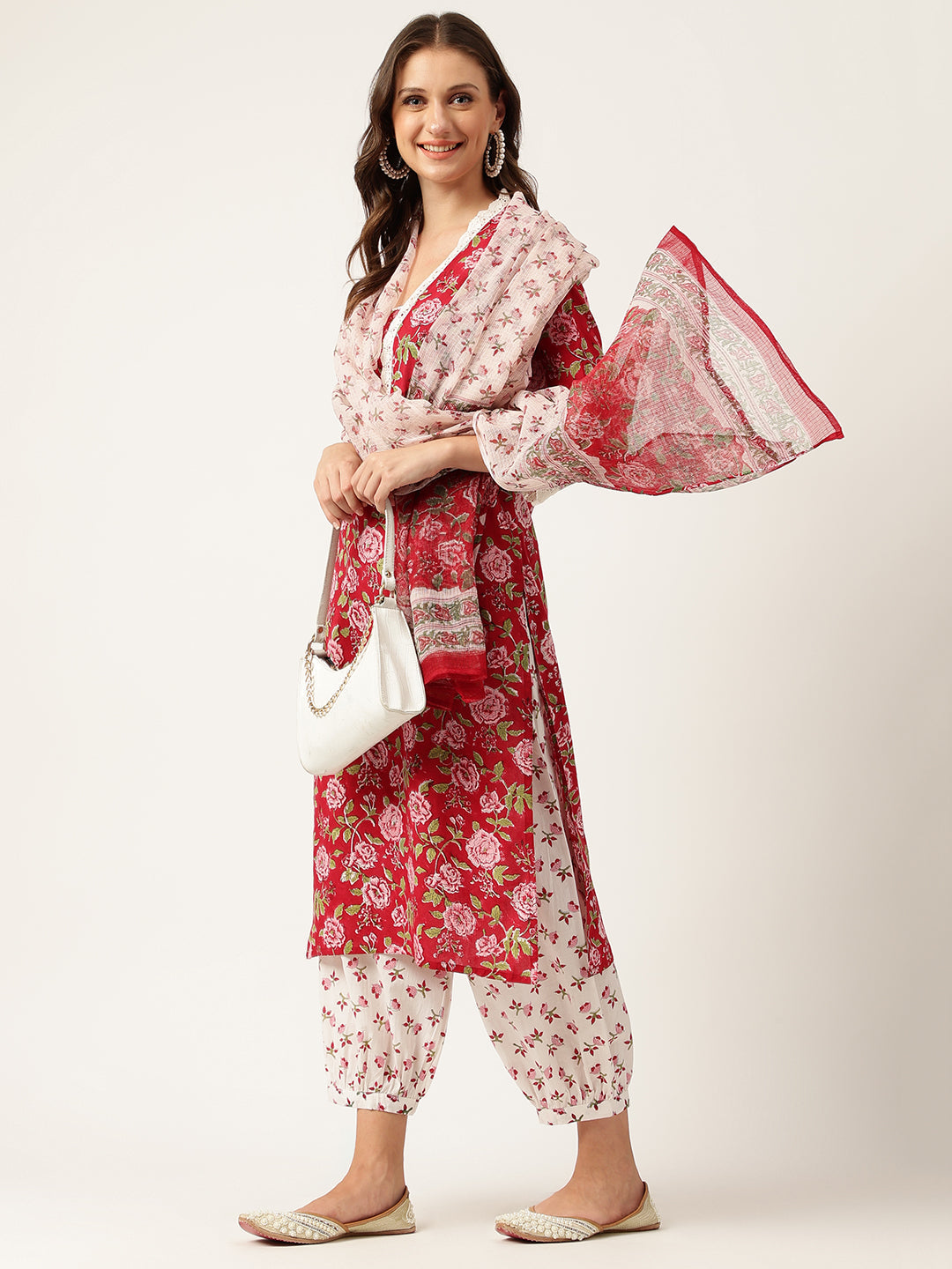 Floral Hand Block Printed Kurta Trouser & Kota Dori Dupatta Set | LASVINI - Redefining Indian Fashion with Elegance