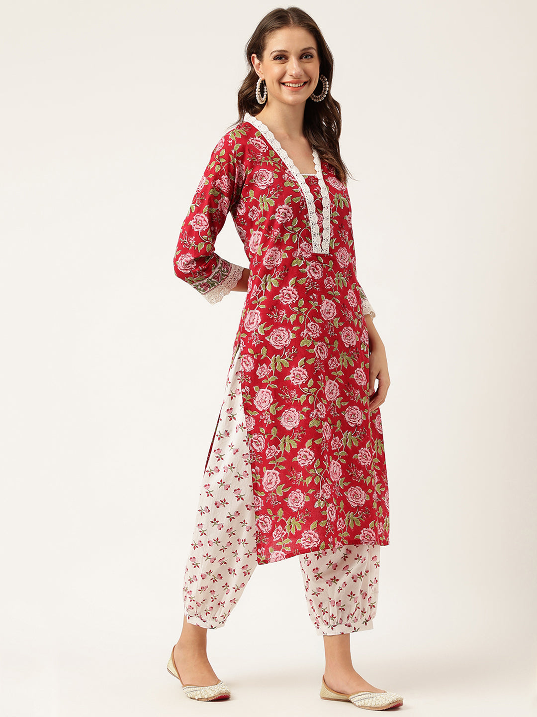 Floral Hand Block Printed Kurta Trouser & Kota Dori Dupatta Set | LASVINI - Redefining Indian Fashion with Elegance
