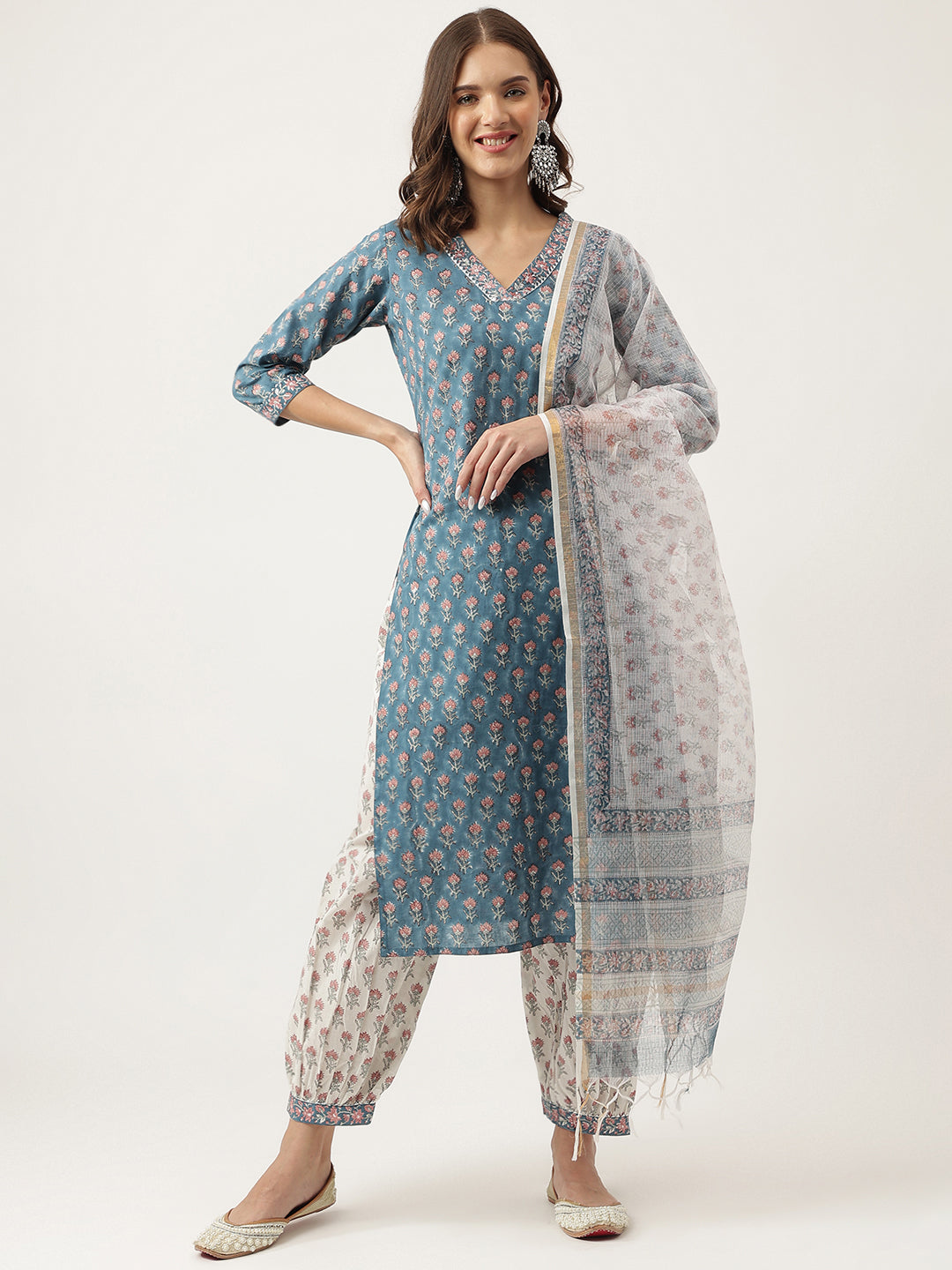 Blue Floral Printed Cotton Embroidered Kurta, Trouser With Dupatta | LASVINI - Redefining Indian Fashion with Elegance