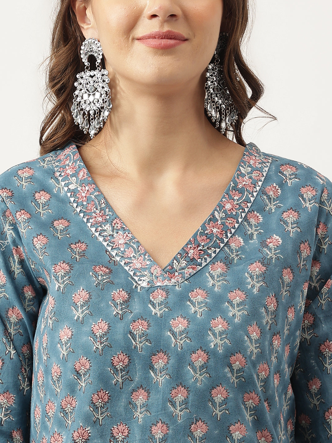 Blue Floral Printed Cotton Embroidered Kurta, Trouser With Dupatta | LASVINI - Redefining Indian Fashion with Elegance