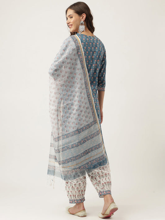 Blue Floral Printed Cotton Embroidered Kurta, Trouser With Dupatta | LASVINI - Redefining Indian Fashion with Elegance