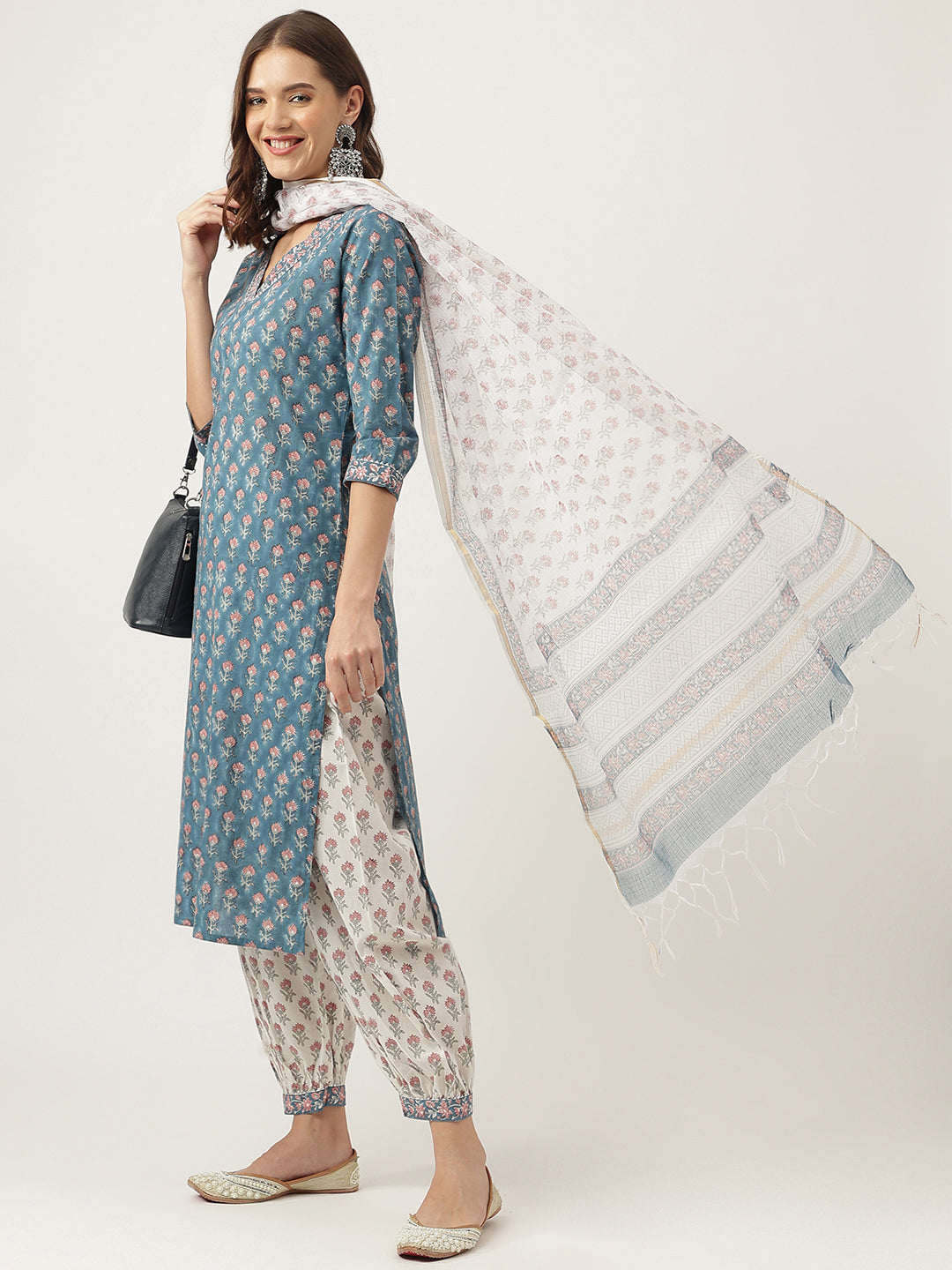 Blue Floral Printed Cotton Embroidered Kurta, Trouser With Dupatta | LASVINI - Redefining Indian Fashion with Elegance