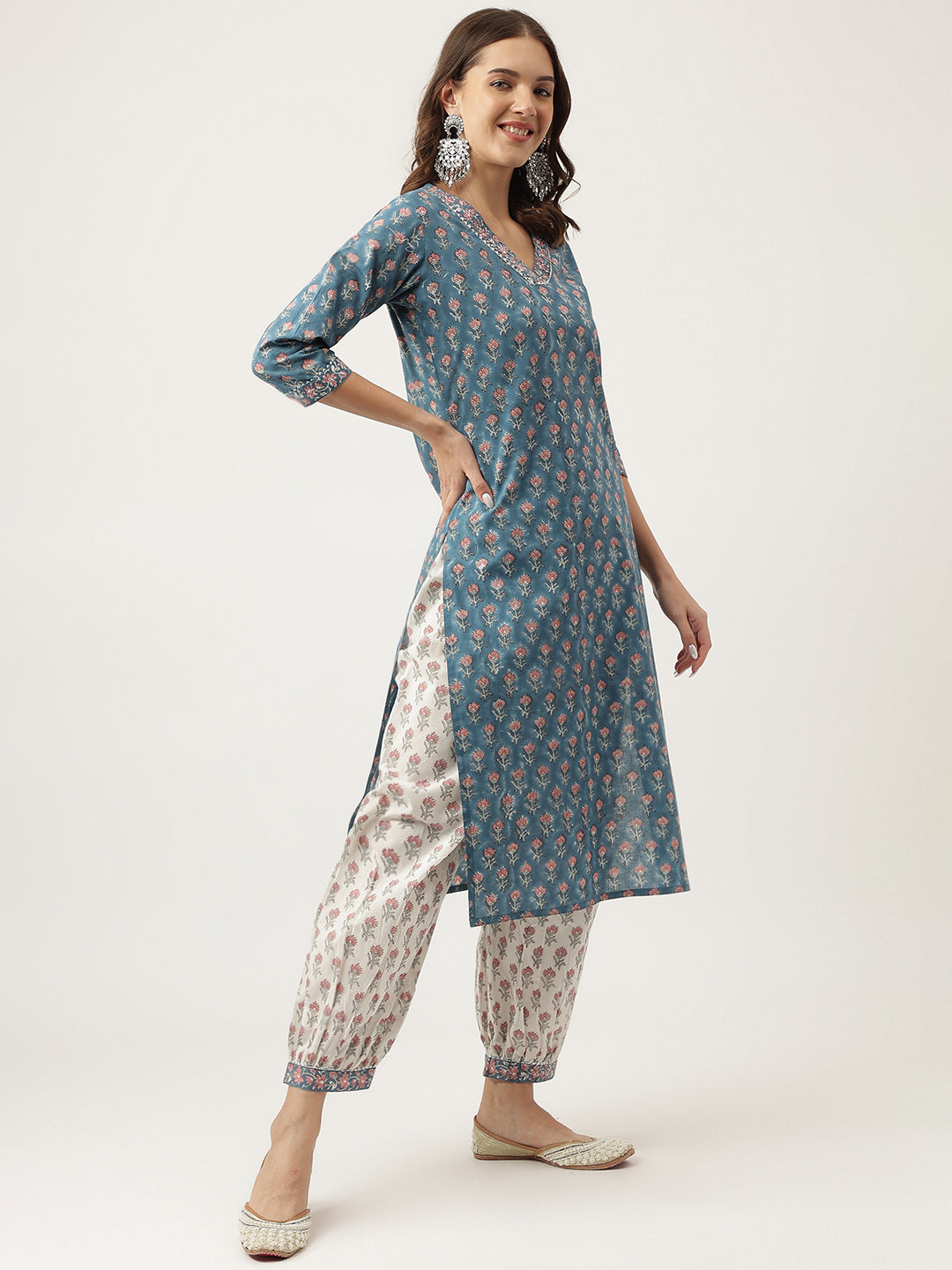 Blue Floral Printed Cotton Embroidered Kurta, Trouser With Dupatta | LASVINI - Redefining Indian Fashion with Elegance