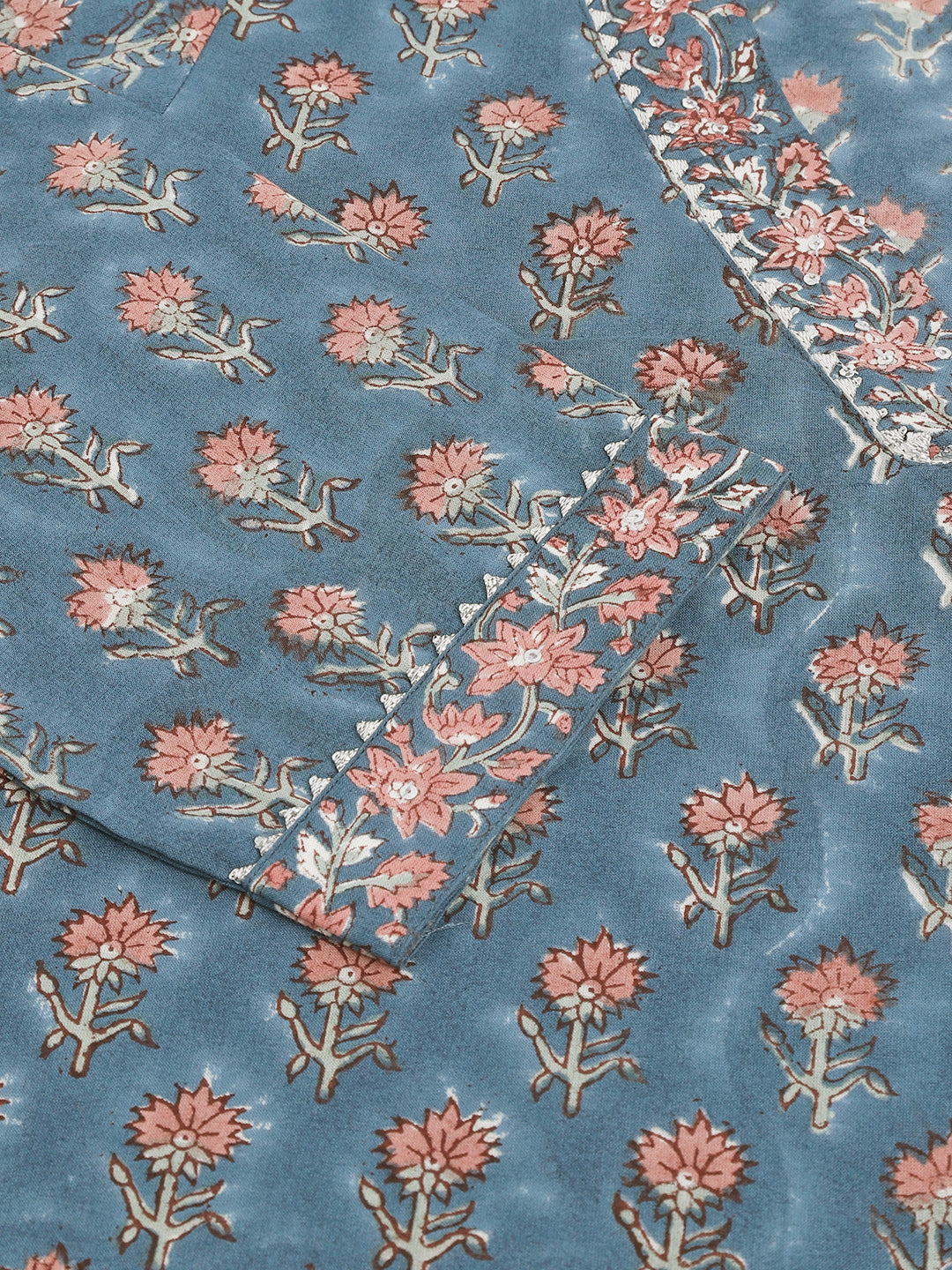 Blue Floral Printed Cotton Embroidered Kurta, Trouser With Dupatta | LASVINI - Redefining Indian Fashion with Elegance