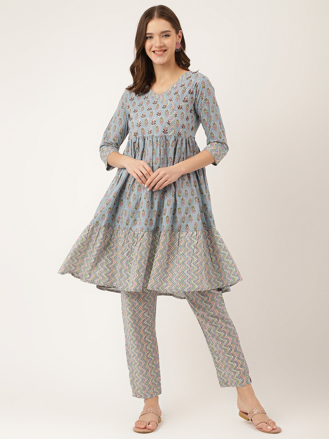 Sky Blue Hand Block Floral Print Cotton Kurta, Trouser | LASVINI - Redefining Indian Fashion with Elegance