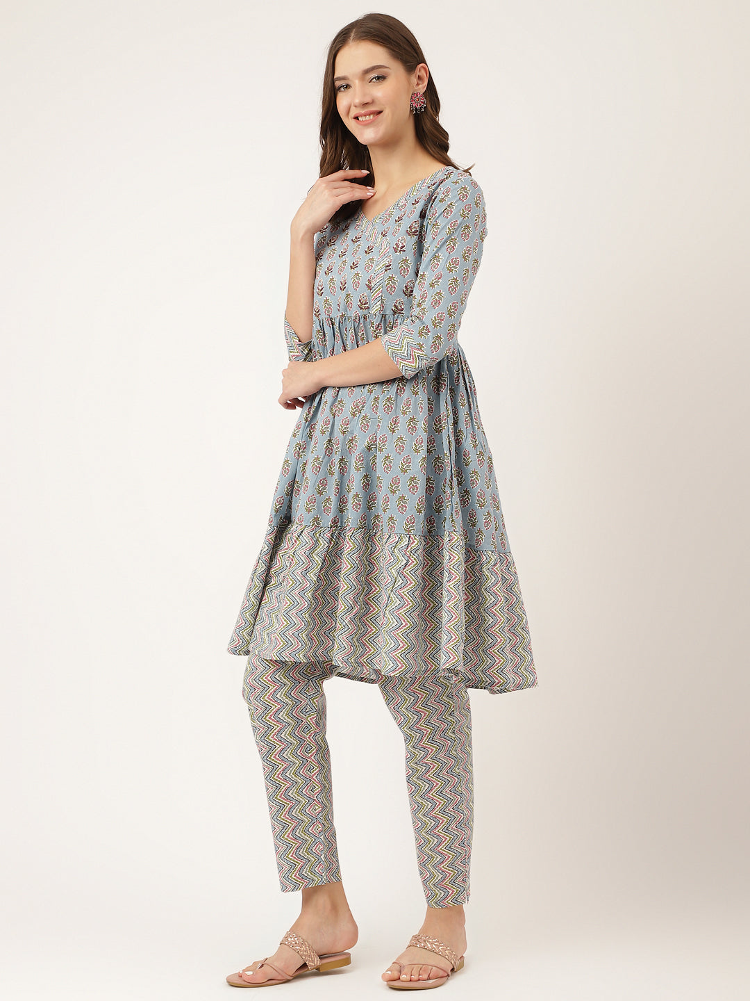 Sky Blue Hand Block Floral Print Cotton Kurta, Trouser | LASVINI - Redefining Indian Fashion with Elegance
