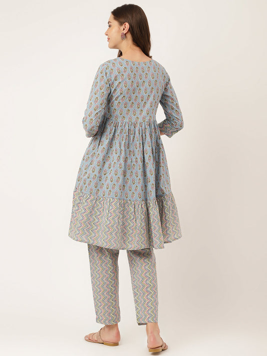 Sky Blue Hand Block Floral Print Cotton Kurta, Trouser | LASVINI - Redefining Indian Fashion with Elegance