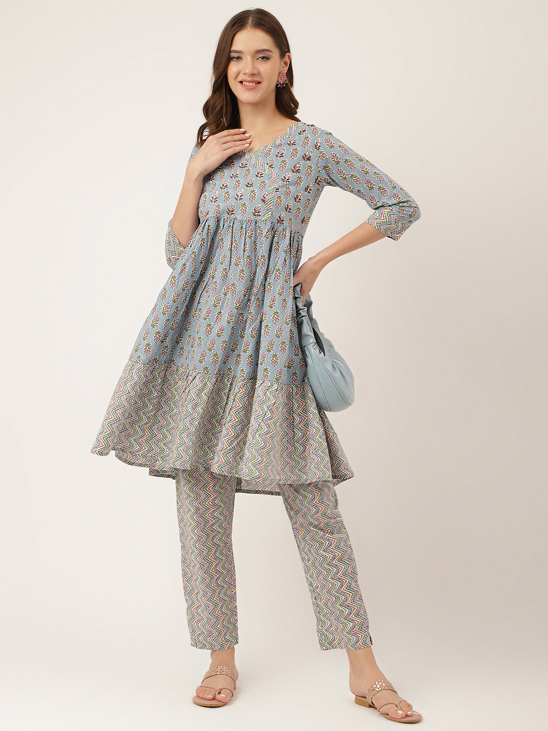 Sky Blue Hand Block Floral Print Cotton Kurta, Trouser | LASVINI - Redefining Indian Fashion with Elegance