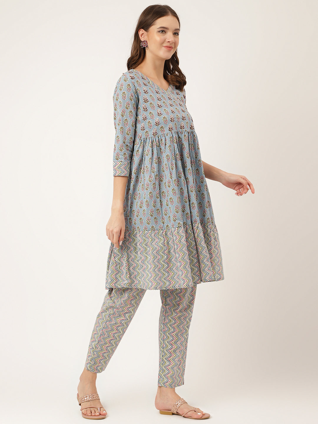 Sky Blue Hand Block Floral Print Cotton Kurta, Trouser | LASVINI - Redefining Indian Fashion with Elegance
