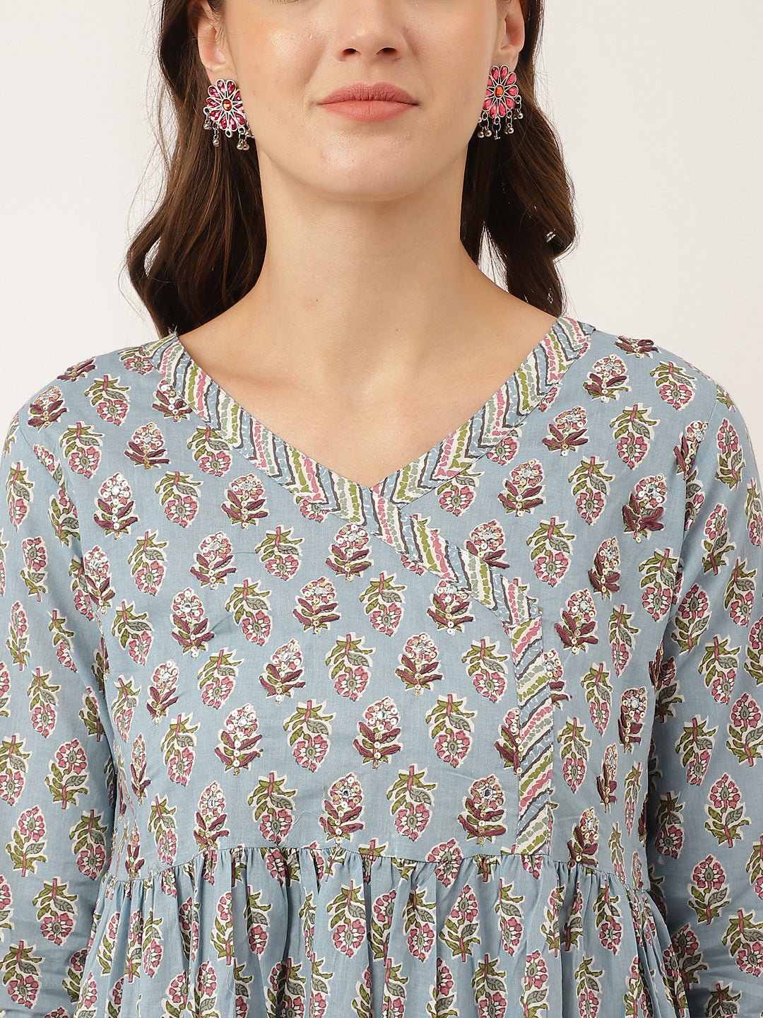 Sky Blue Hand Block Floral Print Cotton Kurta, Trouser | LASVINI - Redefining Indian Fashion with Elegance