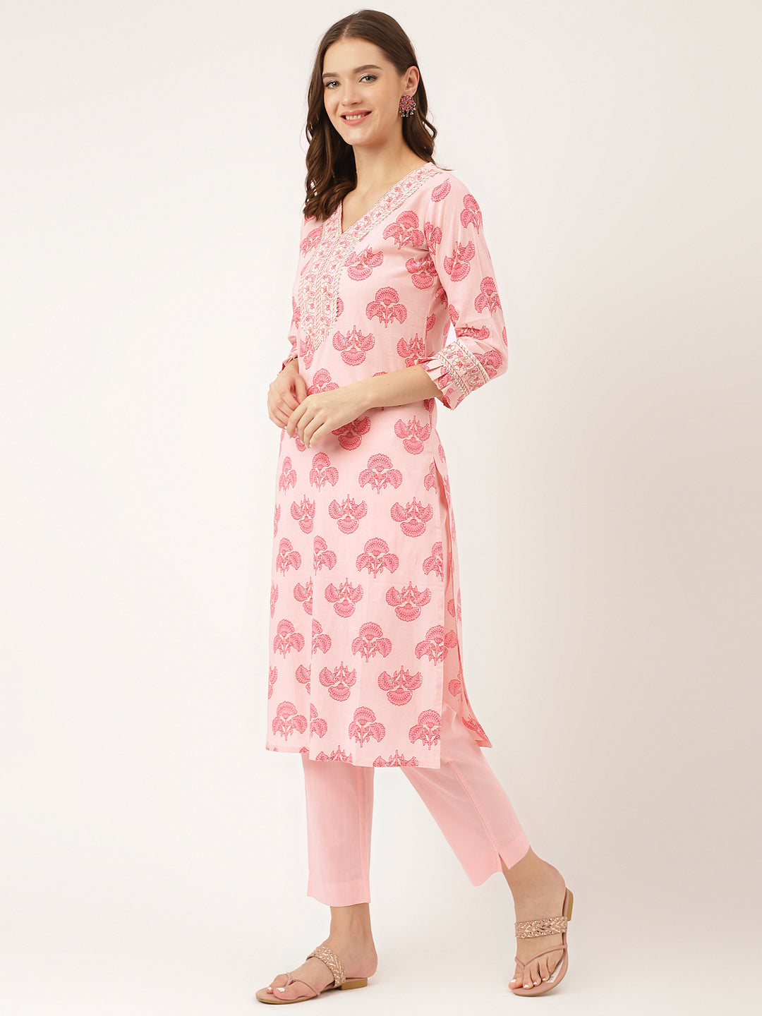 Pink Floral Print Cotton Kurta, Trouser With Dupatta | LASVINI - Redefining Indian Fashion with Elegance