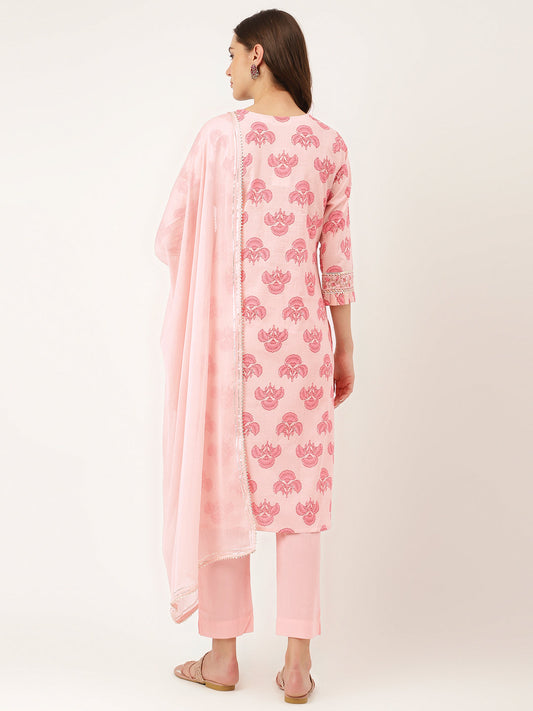 Pink Floral Print Cotton Kurta, Trouser With Dupatta | LASVINI - Redefining Indian Fashion with Elegance