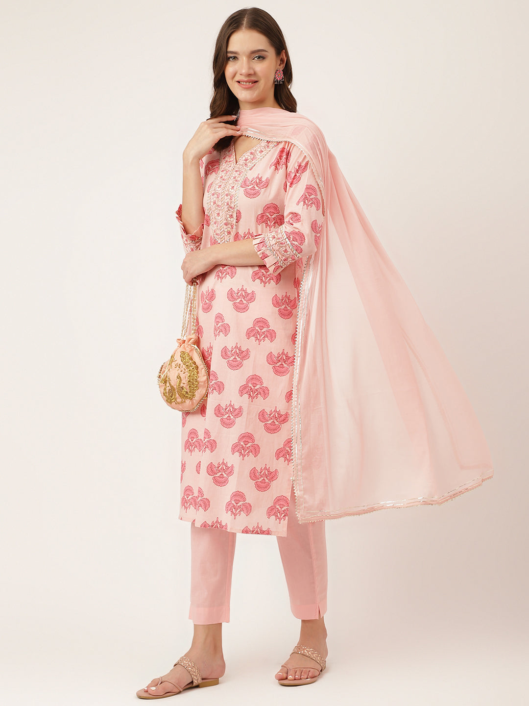 Pink Floral Print Cotton Kurta, Trouser With Dupatta | LASVINI - Redefining Indian Fashion with Elegance