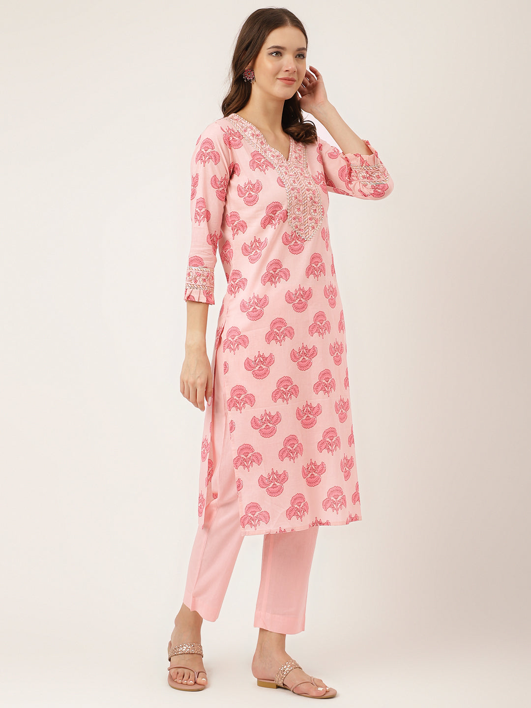 Pink Floral Print Cotton Kurta, Trouser With Dupatta | LASVINI - Redefining Indian Fashion with Elegance
