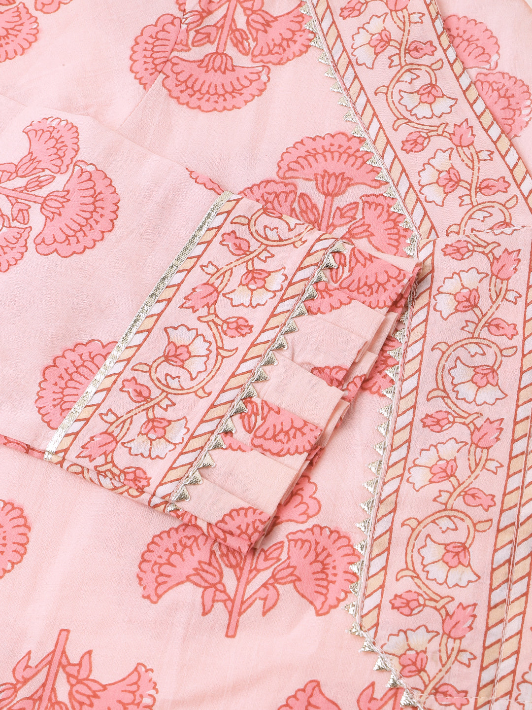 Pink Floral Print Cotton Kurta, Trouser With Dupatta | LASVINI - Redefining Indian Fashion with Elegance