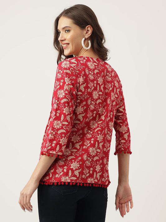 Rani Pink Floral Printed Cotton Peplum Top | LASVINI - Redefining Indian Fashion with Elegance