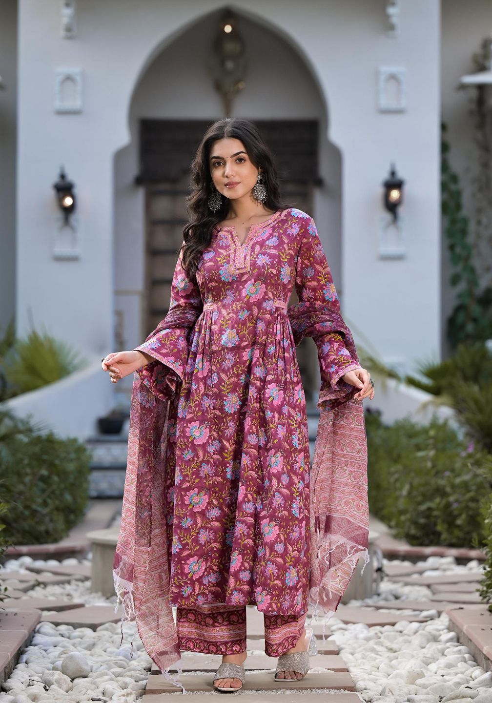 Magenta Hand Block Floral Printed Cotton Kurta Set | LASVINI - Redefining Indian Fashion with Elegance