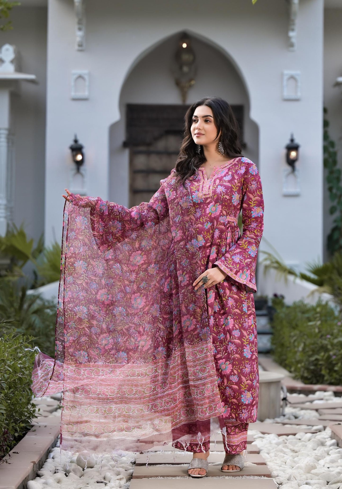 Magenta Hand Block Floral Printed Cotton Kurta Set | LASVINI - Redefining Indian Fashion with Elegance