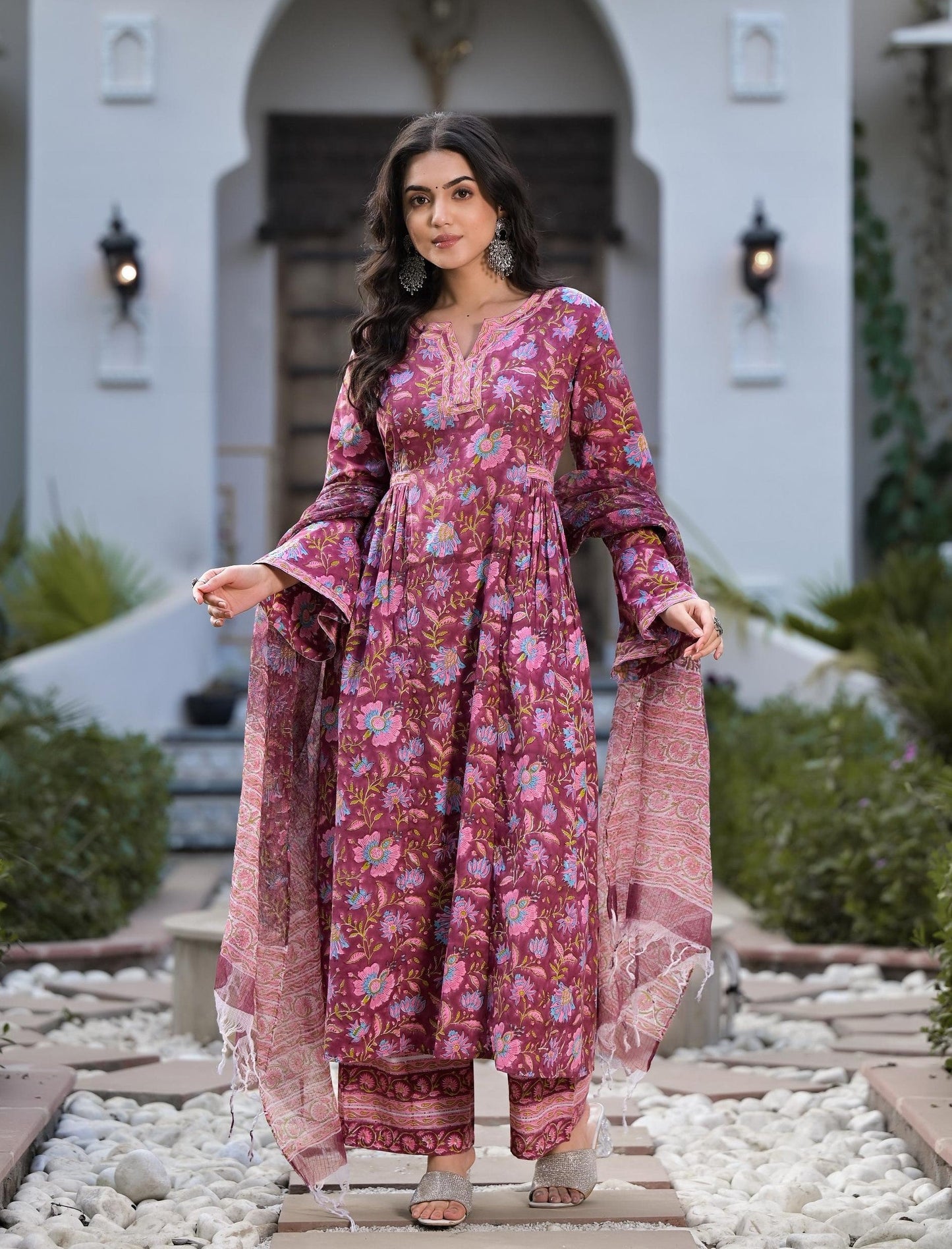 Magenta Hand Block Floral Printed Cotton Kurta Set | LASVINI - Redefining Indian Fashion with Elegance