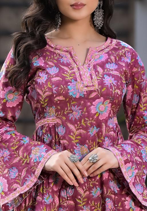 Magenta Hand Block Floral Printed Cotton Kurta Set | LASVINI - Redefining Indian Fashion with Elegance