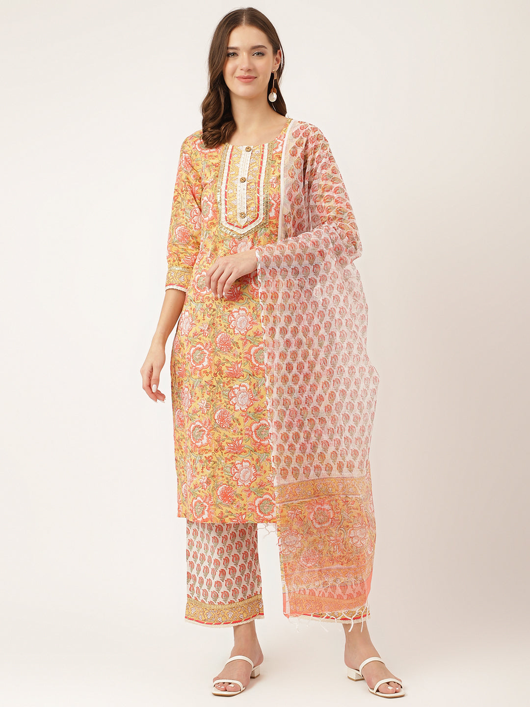 Yellow Hand Block Floral Print Cotton Kurta, Trouser With Dupatta | LASVINI - Redefining Indian Fashion with Elegance