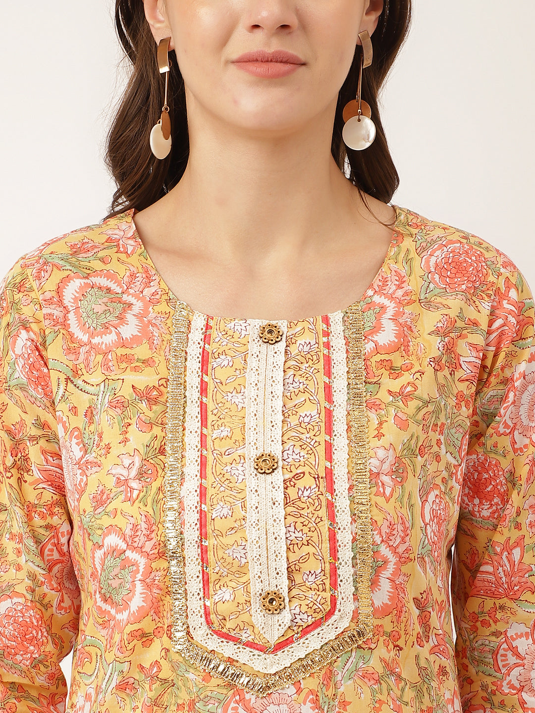 Yellow Hand Block Floral Print Cotton Kurta, Trouser With Dupatta | LASVINI - Redefining Indian Fashion with Elegance
