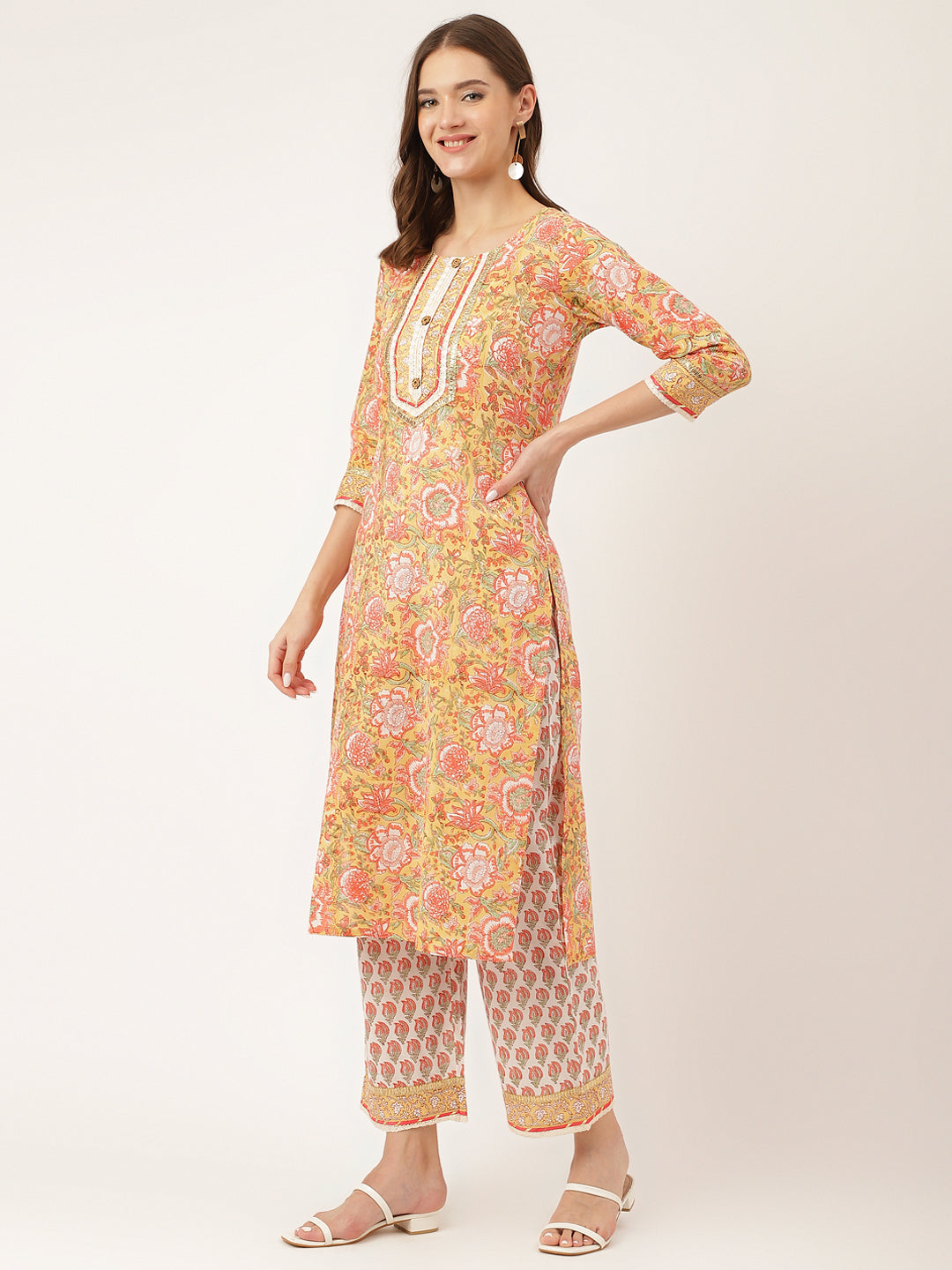 Yellow Hand Block Floral Print Cotton Kurta, Trouser With Dupatta | LASVINI - Redefining Indian Fashion with Elegance