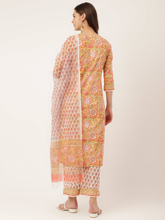 Yellow Hand Block Floral Print Cotton Kurta, Trouser With Dupatta | LASVINI - Redefining Indian Fashion with Elegance