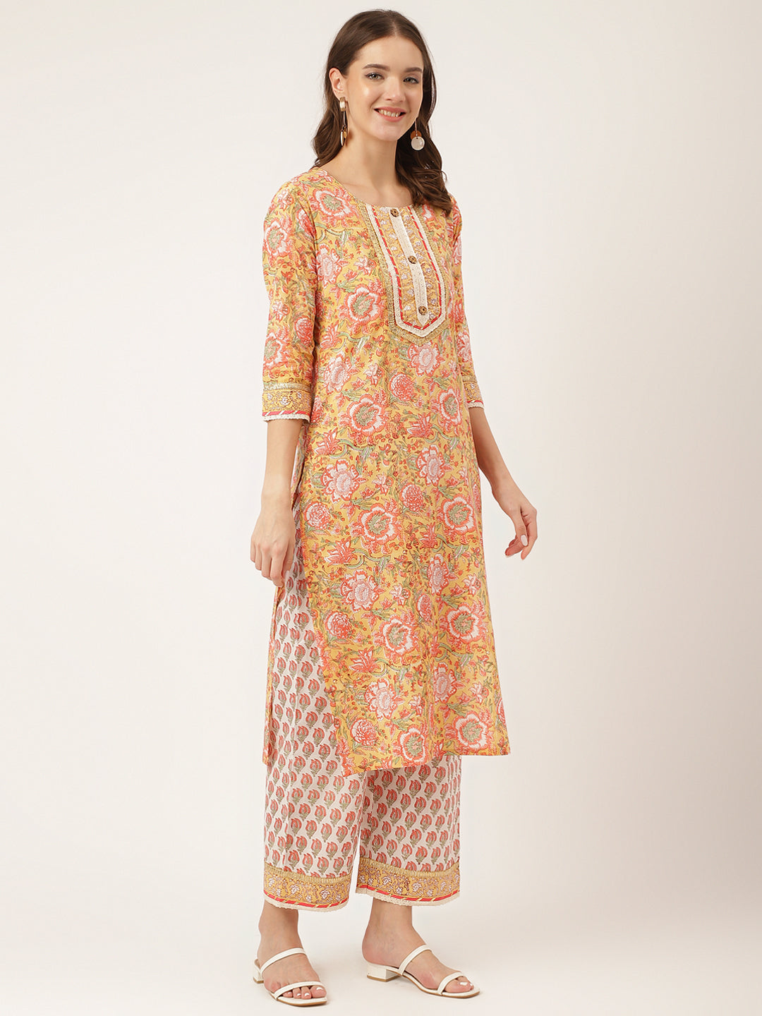 Yellow Hand Block Floral Print Cotton Kurta, Trouser With Dupatta | LASVINI - Redefining Indian Fashion with Elegance