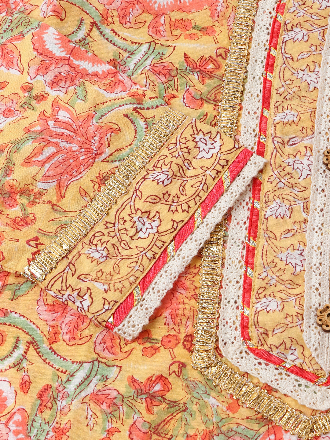 Yellow Hand Block Floral Print Cotton Kurta, Trouser With Dupatta | LASVINI - Redefining Indian Fashion with Elegance
