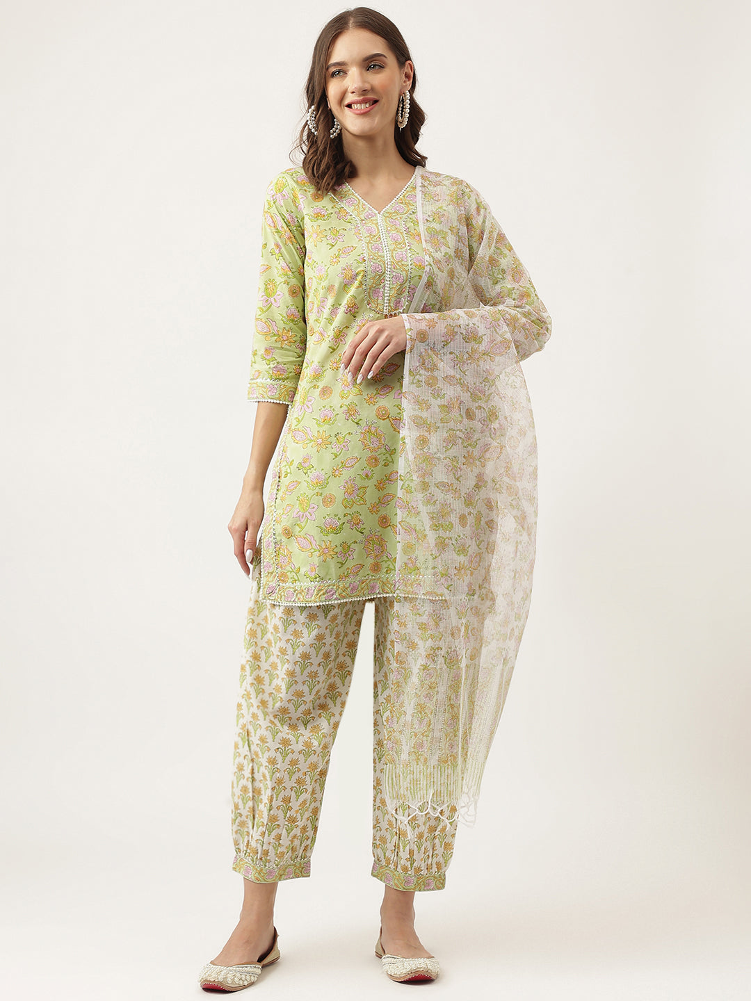 Green Floral Printed Cotton Straight Kurta, Trousers With Dupatta Set | LASVINI - Redefining Indian Fashion with Elegance