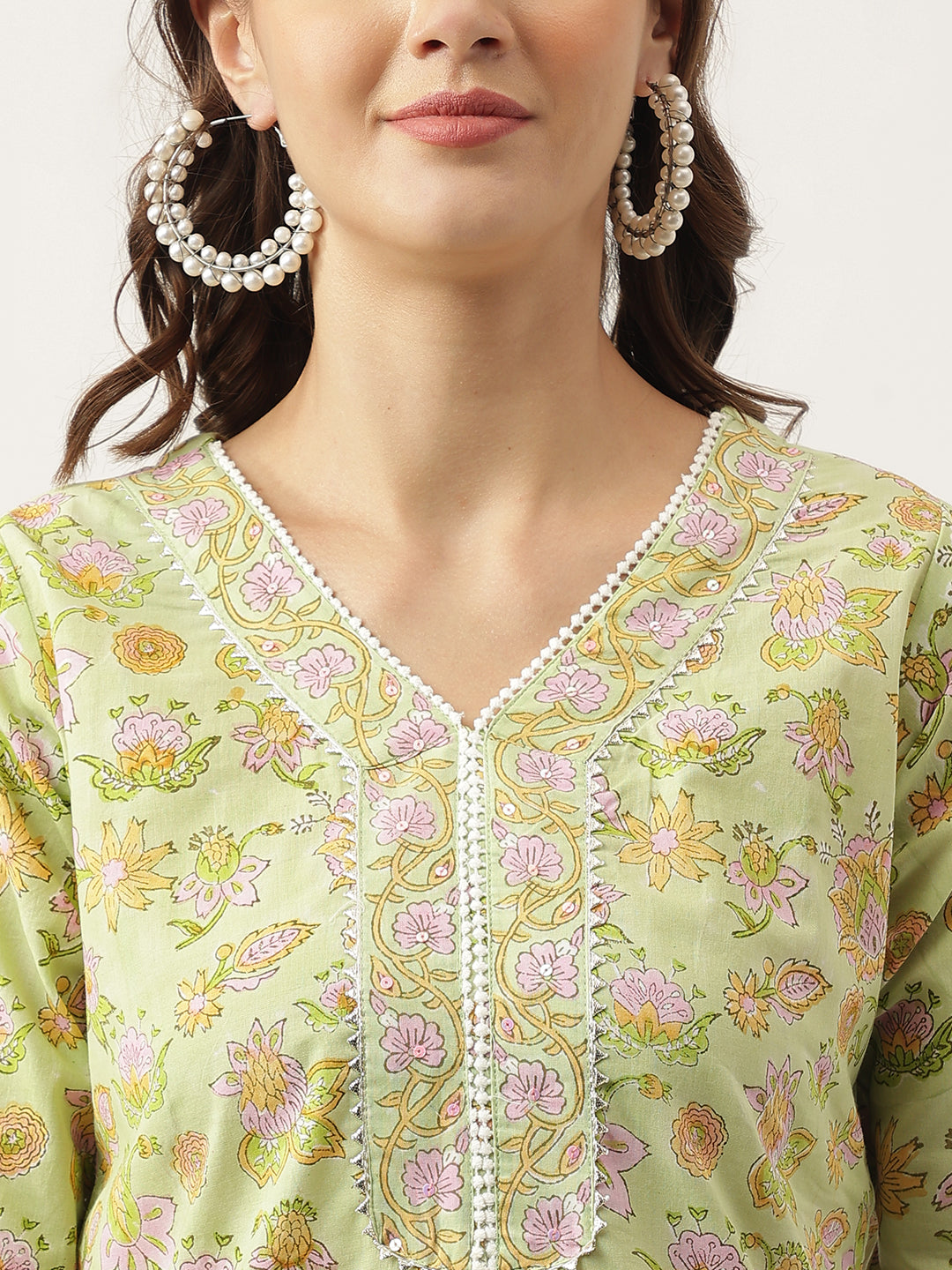 Green Floral Printed Cotton Straight Kurta, Trousers With Dupatta Set | LASVINI - Redefining Indian Fashion with Elegance