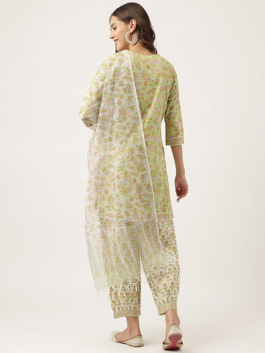 Green Floral Printed Cotton Straight Kurta, Trousers With Dupatta Set | LASVINI - Redefining Indian Fashion with Elegance