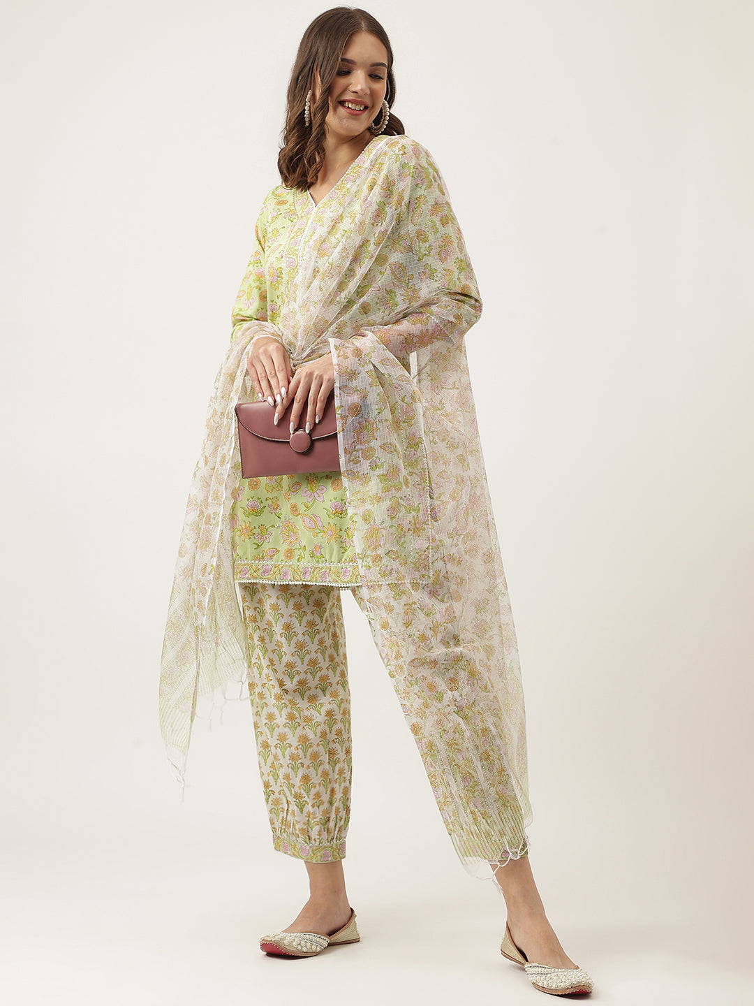 Green Floral Printed Cotton Straight Kurta, Trousers With Dupatta Set | LASVINI - Redefining Indian Fashion with Elegance