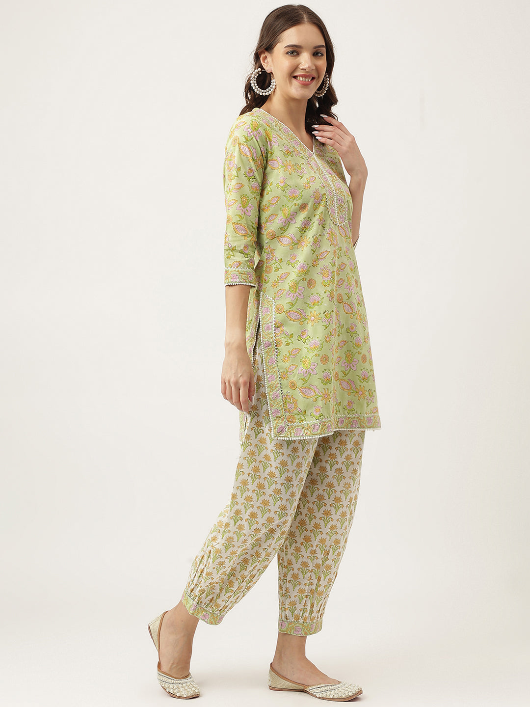 Green Floral Printed Cotton Straight Kurta, Trousers With Dupatta Set | LASVINI - Redefining Indian Fashion with Elegance