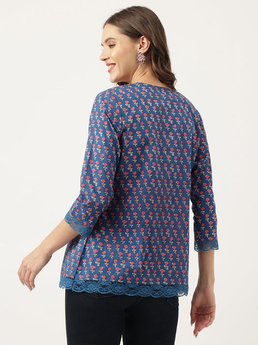 Navy Blue Floral Printed Cotton Peplum Top | LASVINI - Redefining Indian Fashion with Elegance